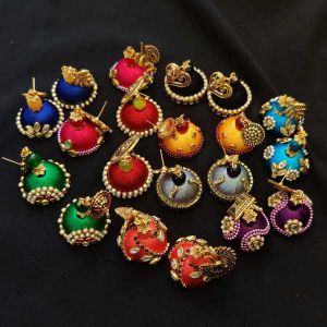 Silk Thread Jhumkas With Stud, Assorted, Pack Of 10 Colors