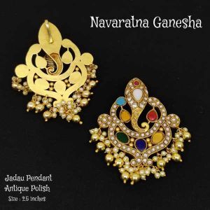 High Quality Jadau Pendant, (Antique Polish), Navaratna Ganesha