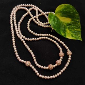 2 Layer Shell Pearl Necklace With Cz Stone Balls, Pink