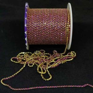 Rhinestone Chain, 2mm, Gold tone, Pink