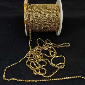 Rhinestone Chain, 2mm, Gold tone, Gold