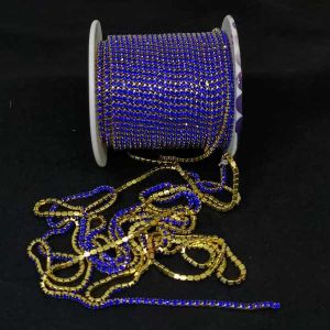 Rhinestone Chain, 2mm, Gold tone, Royal blue