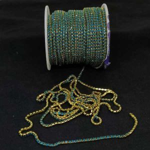 Rhinestone Chain, 2mm, Gold tone, Light blue