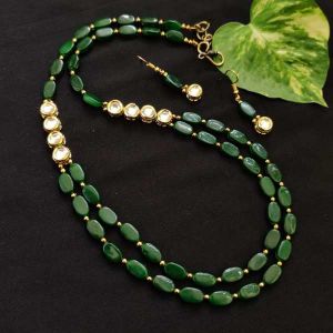 Flat Oval Glass Beads Necklace With Kundan Side Connectors, Dark Green