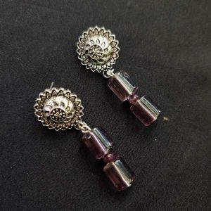 Glass Beads Earrings With Antique Silver Stud, Purple