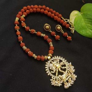 Imitation Rudraksha Beads Necklace With Oxidised Gold (Nataraja) Pendant