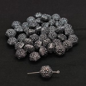 Oxidised Silver Hollow Beads, Flat (Hexagon), Pack Of 6 Pcs