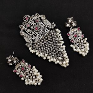 High Quality Brass Pendant Peacock (Flower), Silver Replica Polish With Pearl Loreals, Ruby Pink