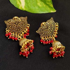 Oxidised Gold Jhumka With Antique Gold Stud, Dark Red