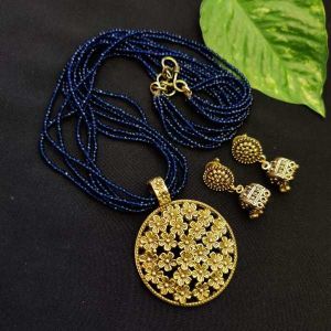 Hydro Beads Necklace With Oxidised Gold (Flower) Pendant, Dark Blue