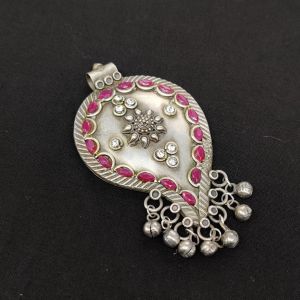 High Quality Brass Pendant (Leaf), Silver Replica Polish With Gunguroos, Ruby Pink