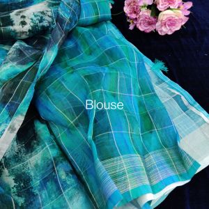 Semi Linen Saree, Checked Design, With Blouse