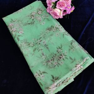 Semi Organza Saree, Green with leaf design