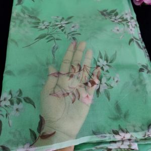 Semi Organza Saree, Green with leaf design
