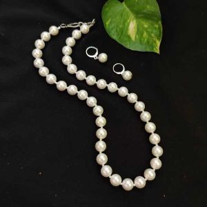 Shell Pearl Necklace With Earrings, Cream