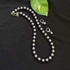 Shell Pearl Necklace With Earrings, Grey