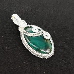 Gemstone Pendants, Wire Wrapped, (Silver) Finish, Oval, Peacock Green