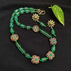(Green) Glass Barrels Beads With Gold Victorian Beads
