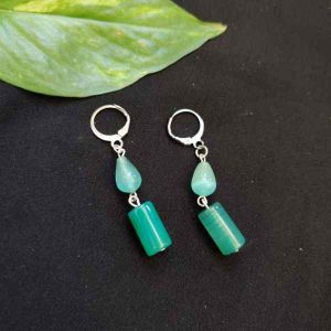 Cats Eye And Onyx Cylinder Beads Earrings, Sea Green