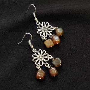 Oxidised Silver Earrings With (Brown) Square Agate