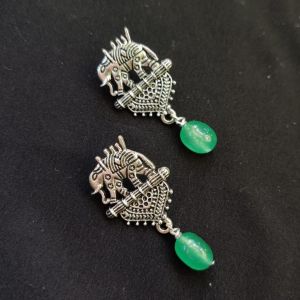 Oxidised Silver Bahubali Earings With Quartz Beads, Light Green