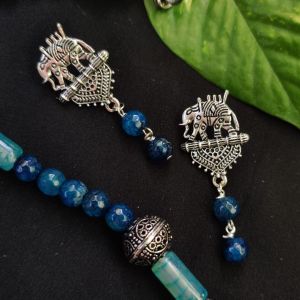Oxidised Silver Bahubali Earrings With Blue Onyx
