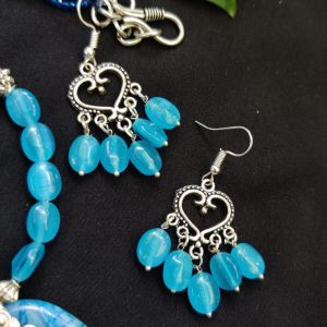 Oxidised Silver Heart Earrings With Cats Eye Beads, Light Blue