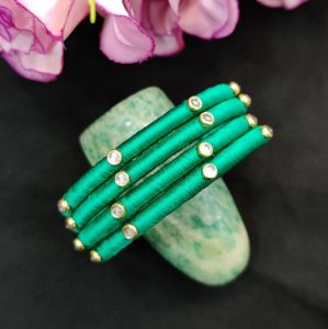 Silk Thread Bangles, Pack of 4 Pcs, Peacock Green