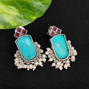 Silver Replica Earrings With Cz Stones, Turquoise Blue