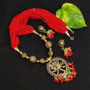 Seed Beads Necklace With Oxidised Gold (Nataraja) Pendant, Red