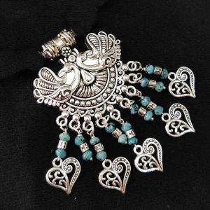 Antique Silver Metal (Peacock) Pendant With Heart Charms 