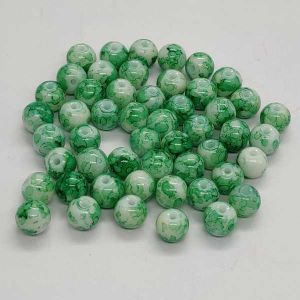 Printed Glass Beads, 8mm, Round, Green And White