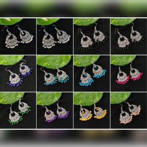 Oxidised Silver Earrings With Glass Beads, Assorted, Pack Of 12 Pairs