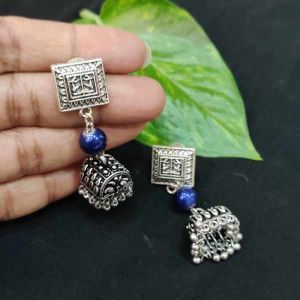German Silver Jhumkas With Square Stud, Blue