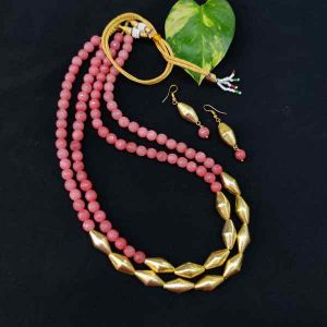 2 Layer Agate Necklace With (Gold) Dholki Beads, Peach