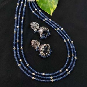 3 Layer Agate Necklace With Matching Jhumkas, Blue