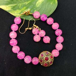 Printed Glass Beads Bracelet + Matching Earrings, Pink