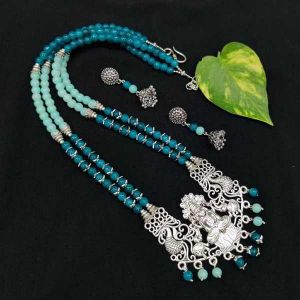 Double Layer Glass Beads Necklace With Oxidised Silver (Lakshmi) Pendant