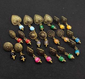 Dull Gold Antique Gold Stud With Agate Beads, Assorted, Pack Of 10 Pairs