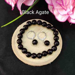 Natural Black Agate Bracelet + Earrings