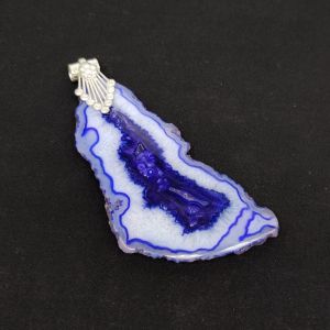 Natural Agate Slice Pendant, Silver Finish, Blue And White