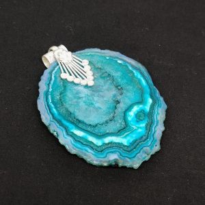 Natural Agate Slice Pendant, Silver Finish, Peacock Blue