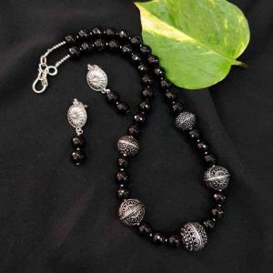 (Black) Agate Necklace With German Silver Hollow Beads