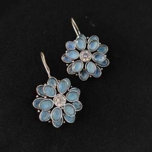 High Quality Double Layer Cz Stone Flower Hook Earrings, Light Blue