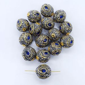 Designer Beads, Gold Foiled With Blue Stones, Ball, Sold By 1 Pc