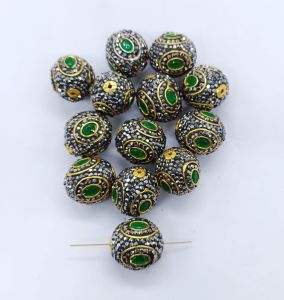 Designer Beads, Gold Foiled With Green Stones, Ball, Sold By 1 Pc