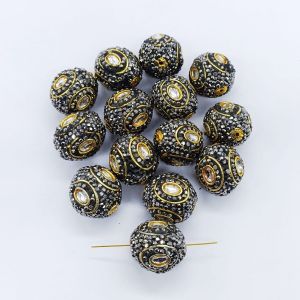 Designer Beads, Gold Foiled With White Stones, Ball, Sold By 1 Pc