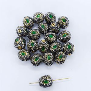 Designer Beads, Gold Foiled With Green Stones, Oval, Sold By 1 Pc