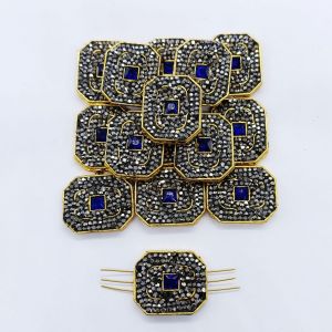 Designer Beads, Gold Foiled With Blue Stones, Rectangle, Sold By 1 Pc