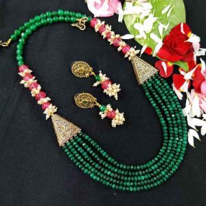 (Green) Agate Necklace With Pumpkin And Loreal Pearls 